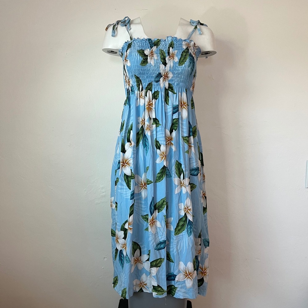 Two Palms Hawaiian Floral Smocked Midi Dress Blue Plumeria Made in Hawaii OSFA